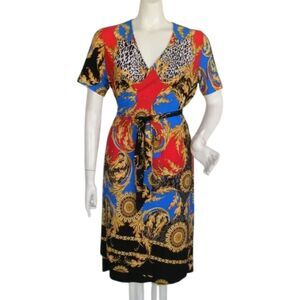 BOLD ELEMENTS Wrap Dress, L, Lux Print, Bold Multicolors, Short sleeves